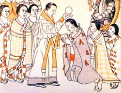 Spaniards serving communion to Mexicans, El Lienzo de Tlaxcala, 16th Century.